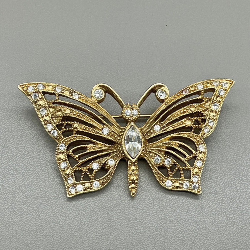 Vintage Brooch Womens Gold Tone Rhinestone Butterfly Filigree Pin 2.25 Inches